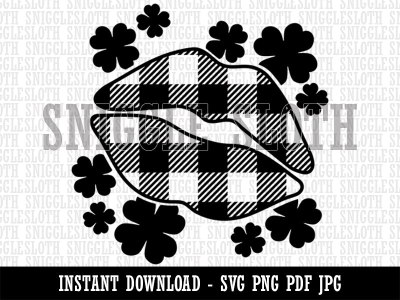 Buffalo Plaid Lips in Patch of Clovers St. Patrick's Day  Clipart Digital Download SVG PNG JPG PDF Cut Files