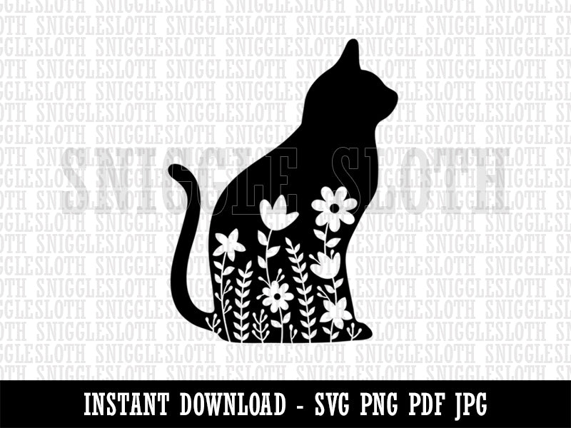 Floral Cat  Clipart Digital Download SVG PNG JPG PDF Cut Files