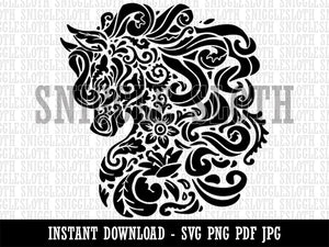 Floral Horse with Flowing Mane Swirls  Clipart Digital Download SVG PNG JPG PDF Cut Files