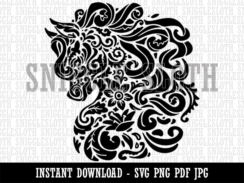 Floral Horse with Flowing Mane Swirls  Clipart Digital Download SVG PNG JPG PDF Cut Files