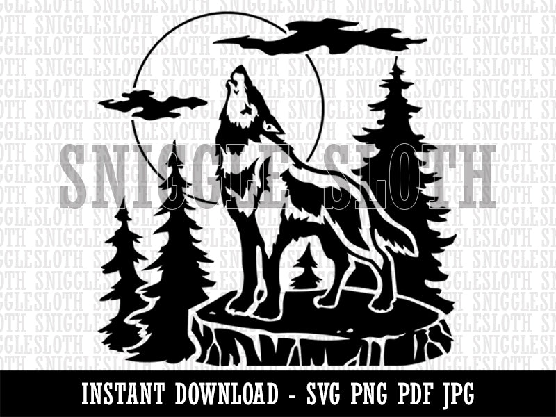Wild Wolf Howling At the Moon in Forest  Clipart Digital Download SVG PNG JPG PDF Cut Files