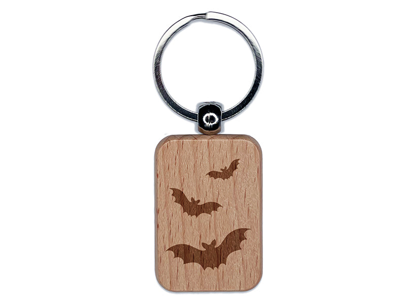 Trio of Bats Flying Halloween Engraved Wood Rectangle Keychain Tag Charm