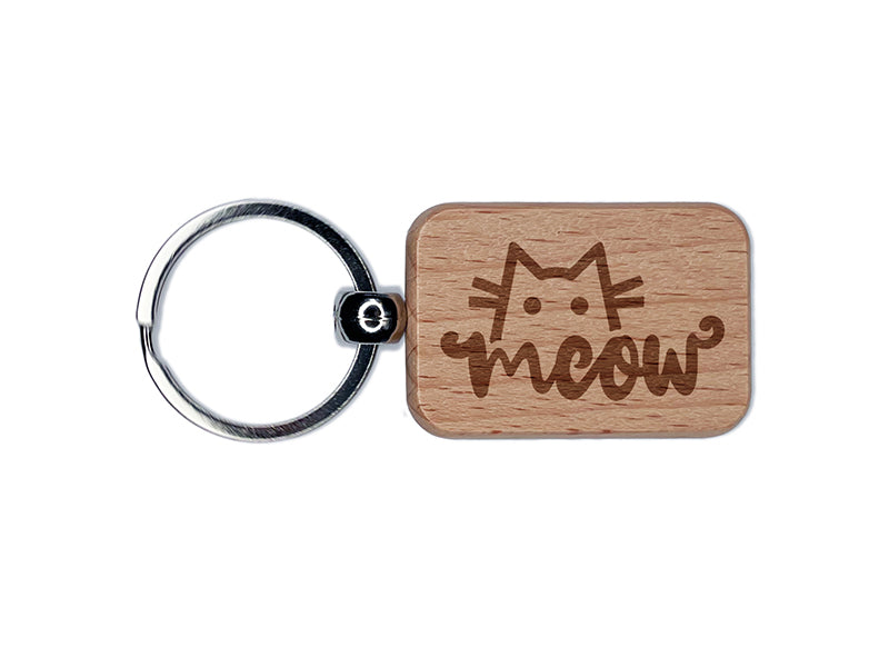 Shy Peeking Cat Meow Engraved Wood Rectangle Keychain Tag Charm