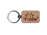 Shy Peeking Cat Meow Engraved Wood Rectangle Keychain Tag Charm