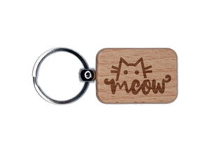 Shy Peeking Cat Meow Engraved Wood Rectangle Keychain Tag Charm