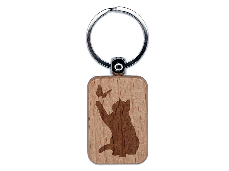 Cat Playing with Butterfly Engraved Wood Rectangle Keychain Tag Charm