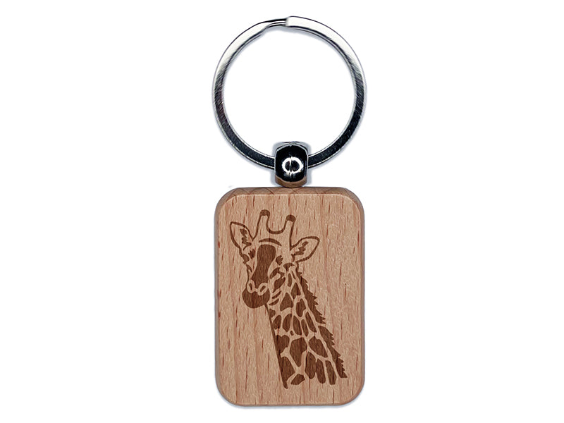 Giraffe Face Engraved Wood Rectangle Keychain Tag Charm