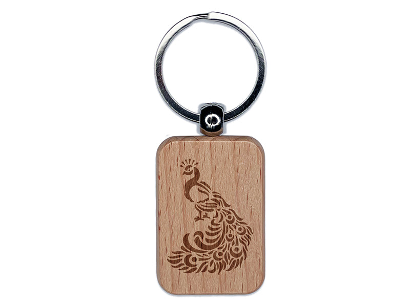 Peacock with Draping Tail Feathers Engraved Wood Rectangle Keychain Tag Charm