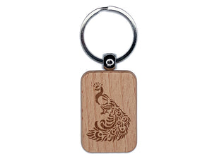 Peacock with Draping Tail Feathers Engraved Wood Rectangle Keychain Tag Charm