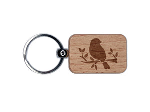 Charming Bird Resting on Branch Engraved Wood Rectangle Keychain Tag Charm