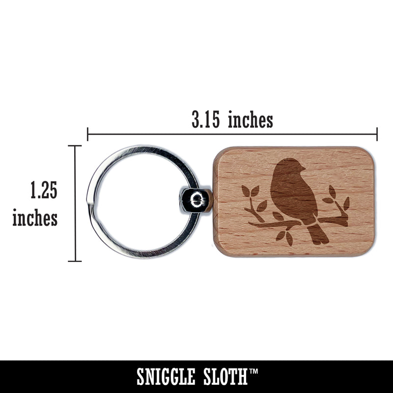 Charming Bird Resting on Branch Engraved Wood Rectangle Keychain Tag Charm