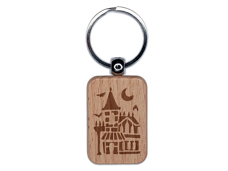 Spooky Haunted House Mansion Horror Halloween Engraved Wood Rectangle Keychain Tag Charm