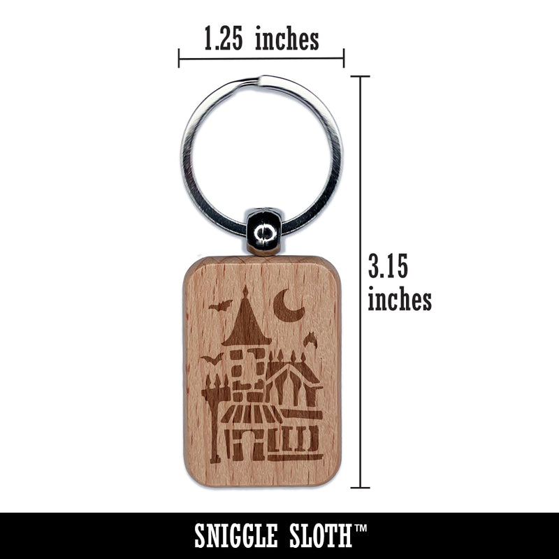 Spooky Haunted House Mansion Horror Halloween Engraved Wood Rectangle Keychain Tag Charm