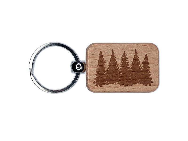 Pine Tree Forest Engraved Wood Rectangle Keychain Tag Charm