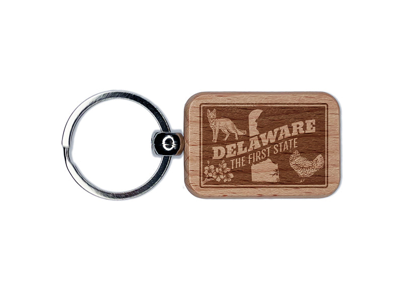 Delaware First Peach Blossom Grey Fox Blue Hen United States Engraved Wood Rectangle Keychain Tag Charm