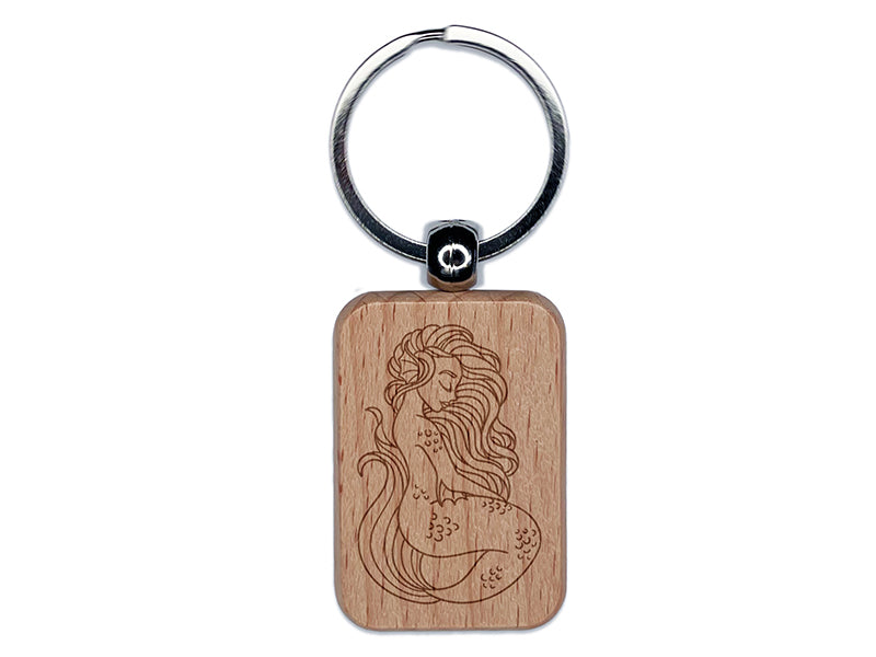 Mermaid with Wavy Hair Engraved Wood Rectangle Keychain Tag Charm