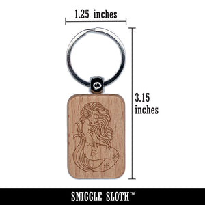 Mermaid with Wavy Hair Engraved Wood Rectangle Keychain Tag Charm