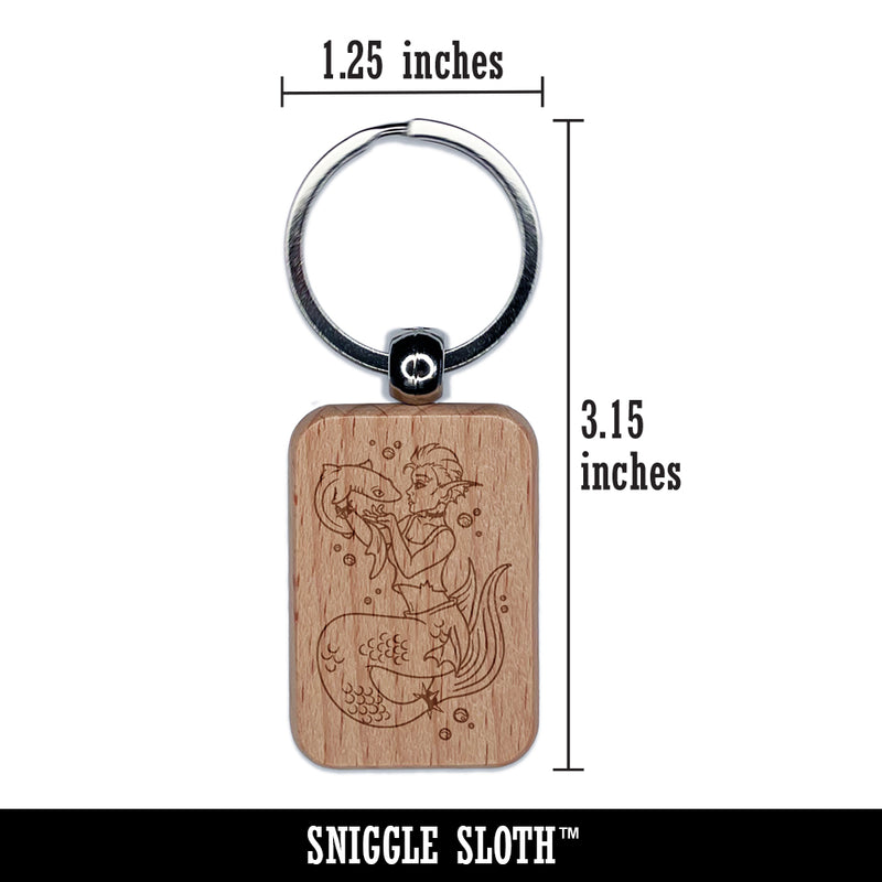 Punk Mermaid with Dogfish Engraved Wood Rectangle Keychain Tag Charm