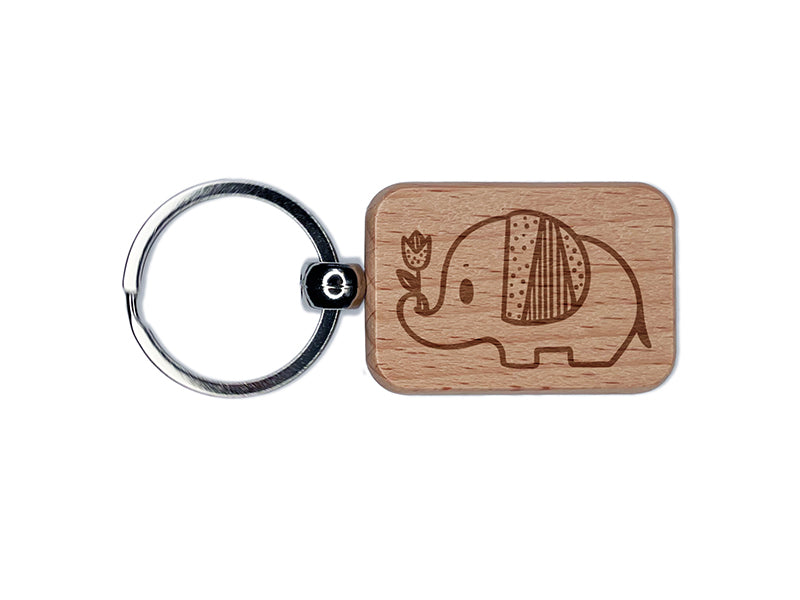 Baby Elephant Holding Tulip Engraved Wood Rectangle Keychain Tag Charm