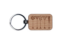 Cocktail Glasses Happy Hour Engraved Wood Rectangle Keychain Tag Charm