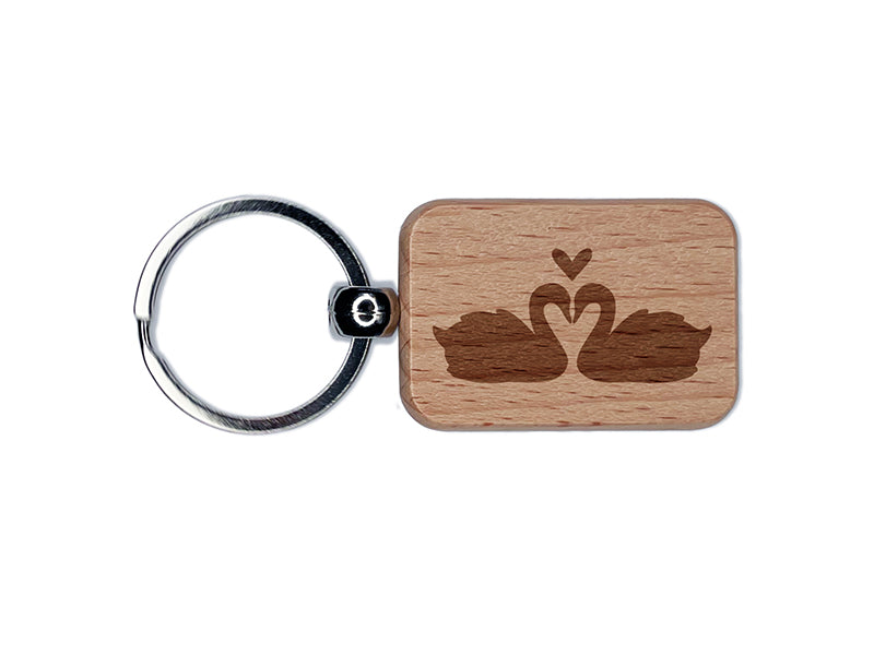 Two Mirrored Swans Silhouette Love Engraved Wood Rectangle Keychain Tag Charm