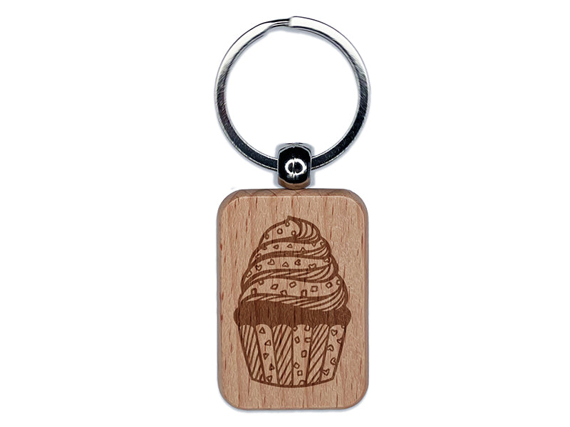 Cupcake Sprinkled with Patterns Engraved Wood Rectangle Keychain Tag Charm