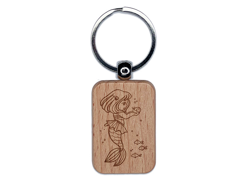 Curious Mermaid Holding Snail Friend Engraved Wood Rectangle Keychain Tag Charm