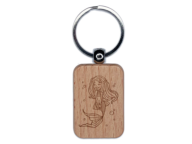 Mermaid With Flowy Hair and Tail Engraved Wood Rectangle Keychain Tag Charm