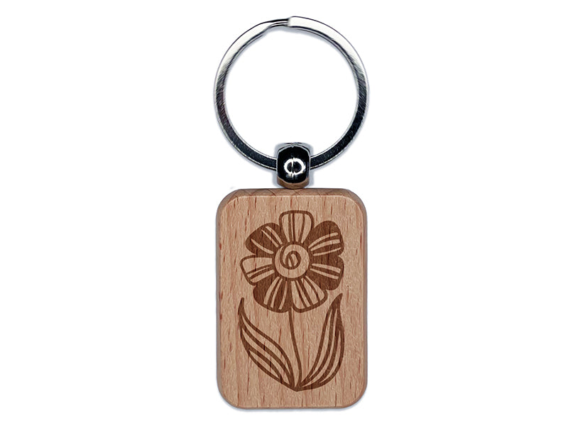 Modern Spring Summer Flower Engraved Wood Rectangle Keychain Tag Charm