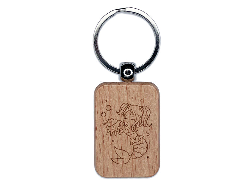 Musical Mermaid Playing Conch Shell Engraved Wood Rectangle Keychain Tag Charm