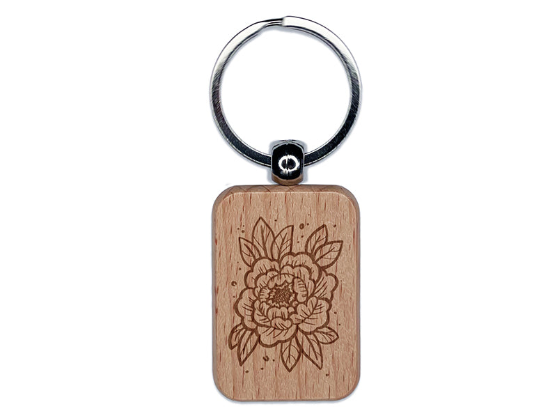 Stylized Peony Flower Engraved Wood Rectangle Keychain Tag Charm