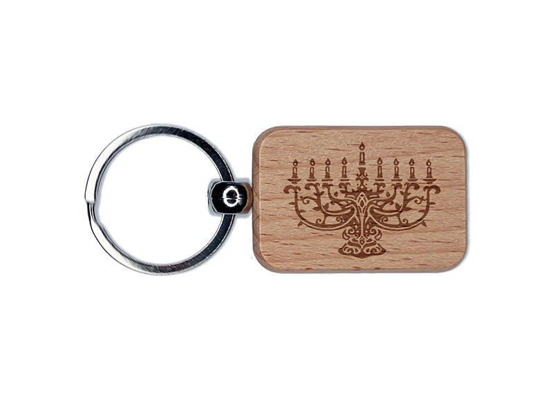 Elegant Intricate Hanukkah Menorah with Candles Candelabrum Candelabra Engraved Wood Rectangle Keychain Tag Charm