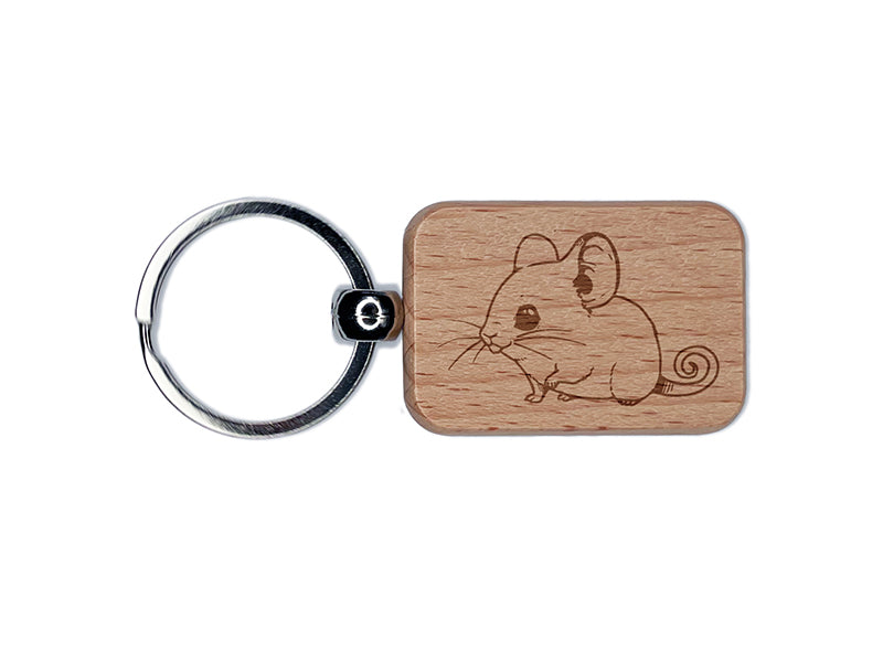 Field Mouse Rodent with Curled Tail Engraved Wood Rectangle Keychain Tag Charm