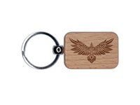 Norse Tribal Raven Crow Bird with Spread Wings Engraved Wood Rectangle Keychain Tag Charm