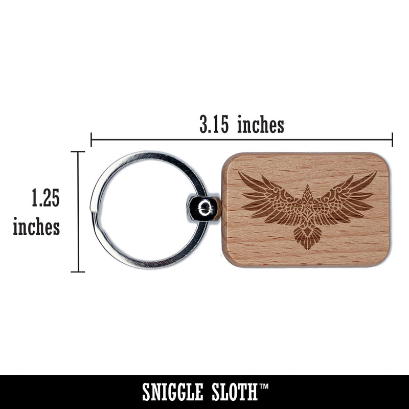 Norse Tribal Raven Crow Bird with Spread Wings Engraved Wood Rectangle Keychain Tag Charm