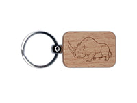 Square Lipped White Rhinoceros with Huge Horn Engraved Wood Rectangle Keychain Tag Charm