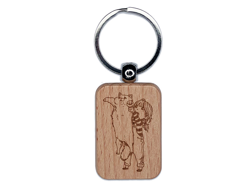 Adorable Child with Fluffy Long Cat Engraved Wood Rectangle Keychain Tag Charm