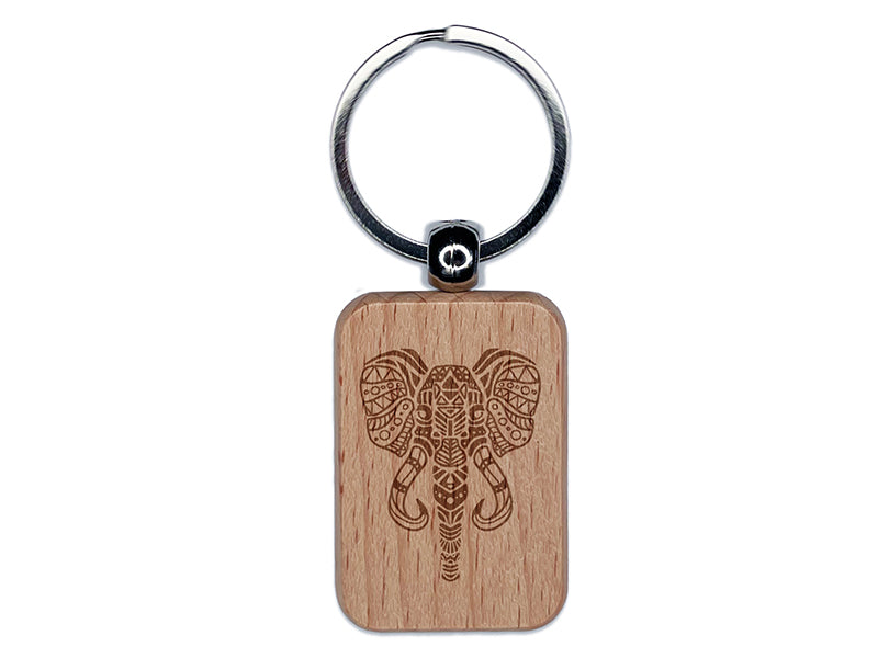 African Elephant Head Tribal Geometric Design Engraved Wood Rectangle Keychain Tag Charm