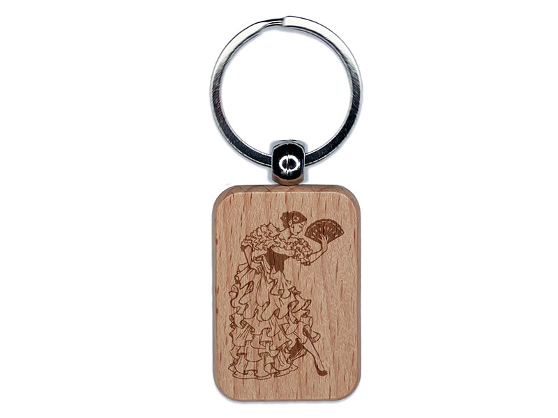 Beautiful Spanish Flamenco Dancer Woman in Dress Engraved Wood Rectangle Keychain Tag Charm