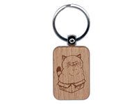 Chubby Happy Cat Sitting in Box Engraved Wood Rectangle Keychain Tag Charm