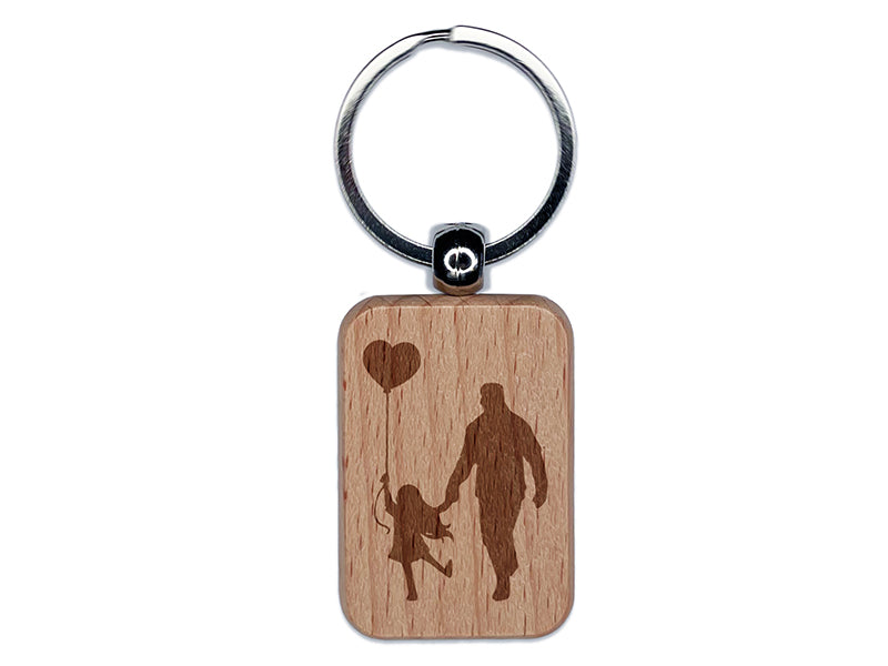 Father and Daughter Parent Silhouette with Heart Balloon Engraved Wood Rectangle Keychain Tag Charm