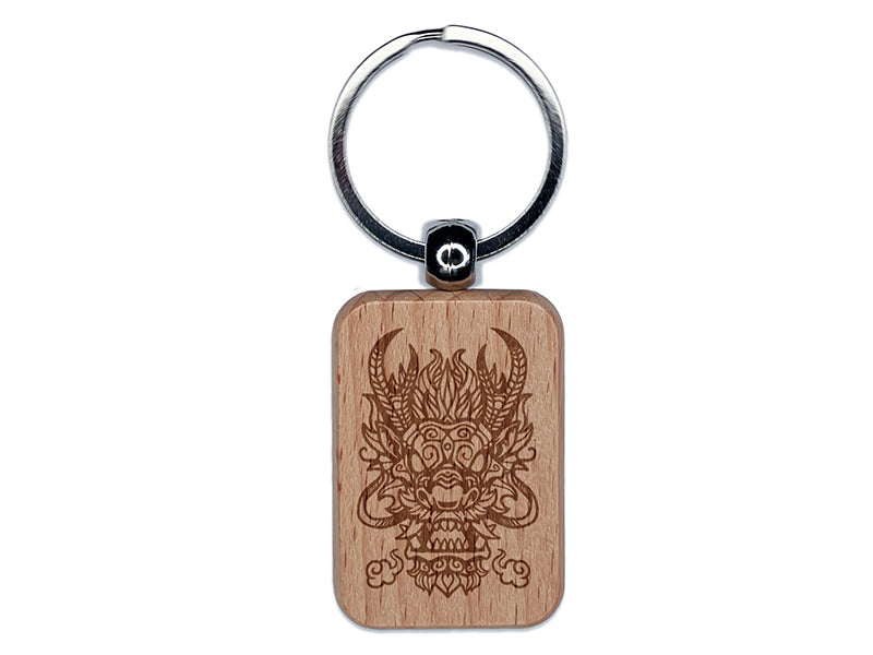 Fierce Eastern Asian Dragon Head Engraved Wood Rectangle Keychain Tag Charm