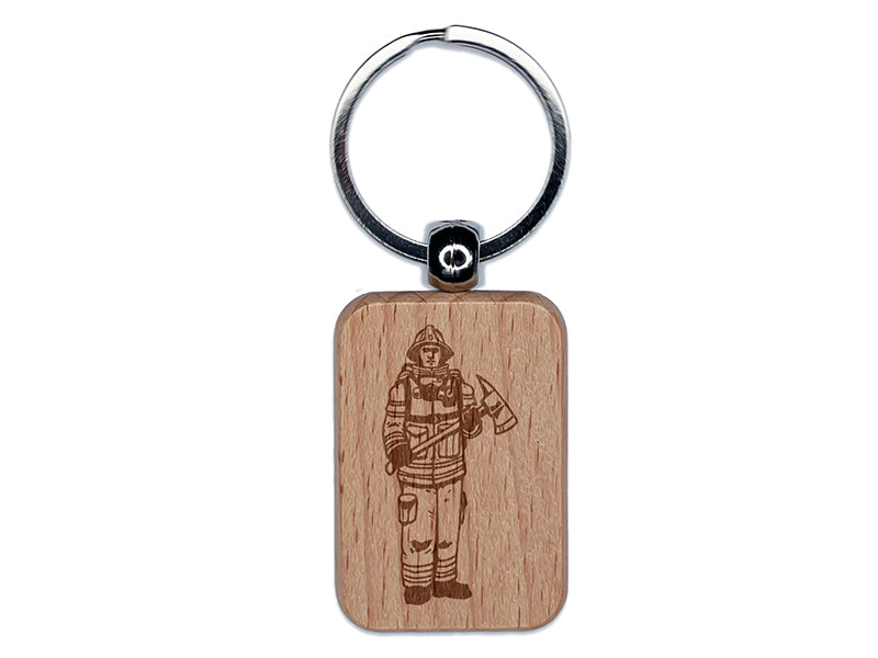 Fireman Firefighter Rescue with Axe Engraved Wood Rectangle Keychain Tag Charm