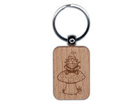 Garden Gnome Sitting on Toadstool Mushroom Engraved Wood Rectangle Keychain Tag Charm