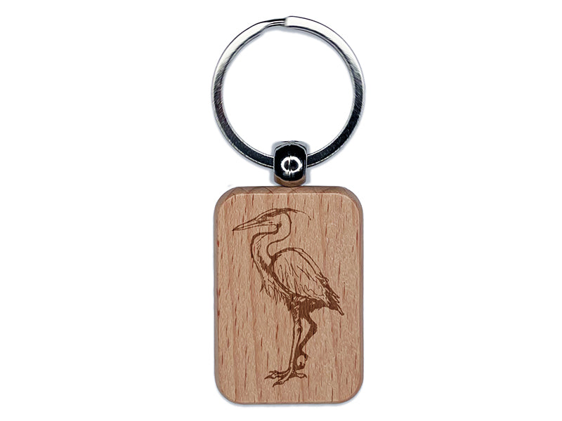 Great Blue Heron Tall Water Bird Engraved Wood Rectangle Keychain Tag Charm