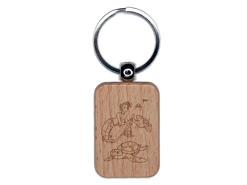 Mermaid Boy Giving High Fives to Sea Turtles Engraved Wood Rectangle Keychain Tag Charm