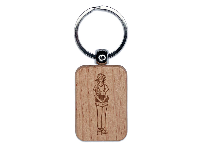 Nurse Woman Standing In Scrubs with Clipboard Engraved Wood Rectangle Keychain Tag Charm