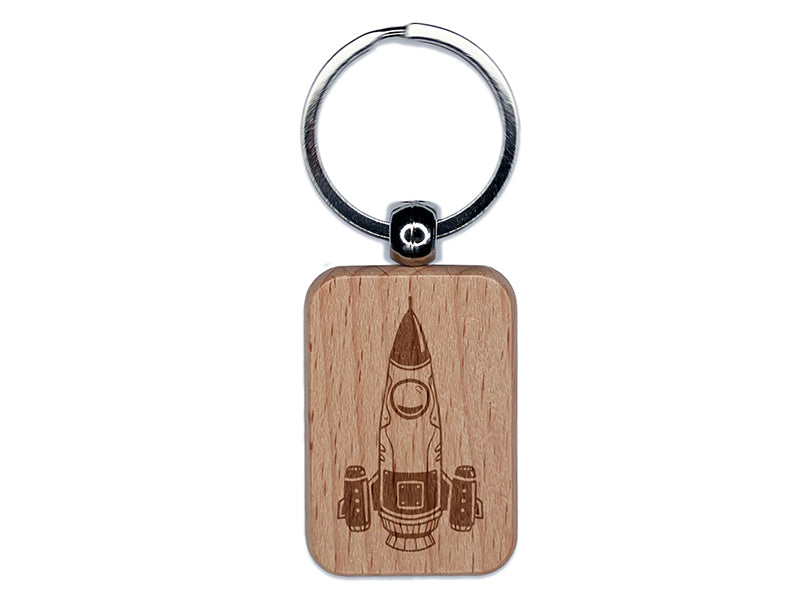 Rocket Space Ship Aircraft Science Fiction Engraved Wood Rectangle Keychain Tag Charm