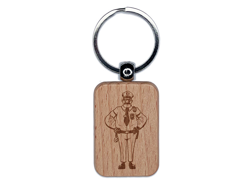 Serious Police Officer Cop Standing with Hands on Hips Engraved Wood Rectangle Keychain Tag Charm