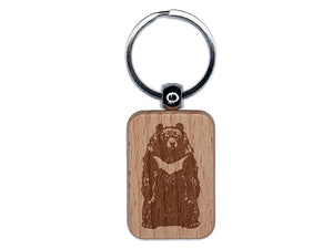 Standing Asian Black Bear White Chested Moon Bear Engraved Wood Rectangle Keychain Tag Charm